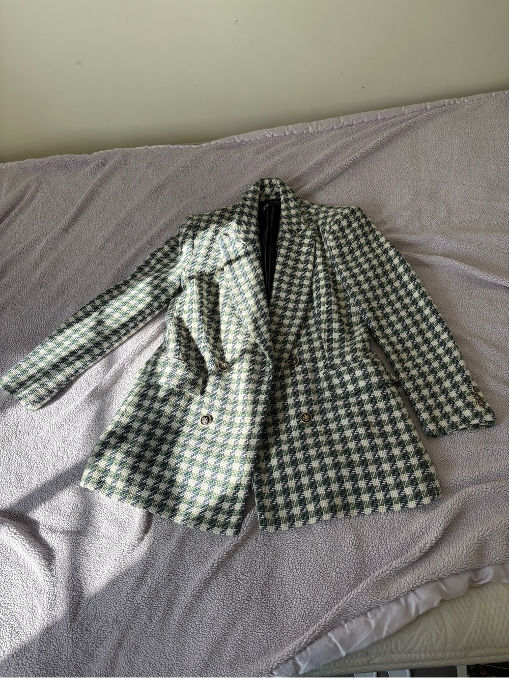 Zara Green and Cream Houndstooth Double-Breasted Blazer Jacket